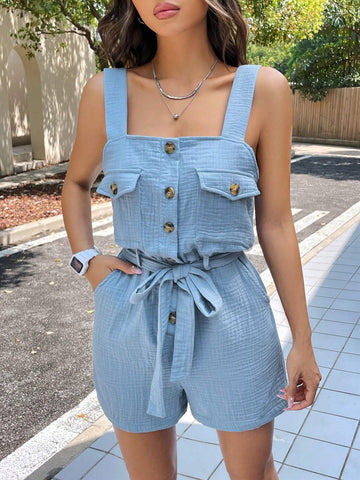 Summer Casual Vacation Haze Blue Wrinkled Cotton And Linen Loose Sleeveless Jumpsuit