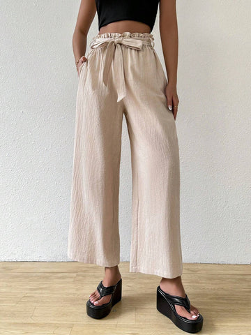 EZwear Women Belted Paper Bag Waist Pants With Pockets, Tapered Trousers