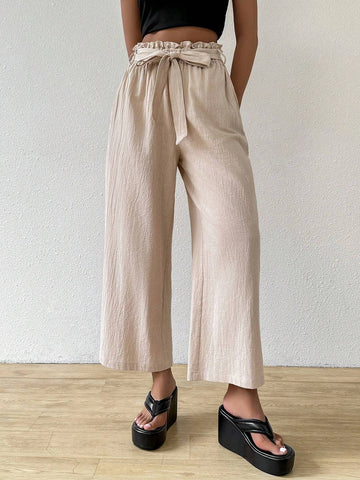 EZwear Women Belted Paper Bag Waist Pants With Pockets, Tapered Trousers
