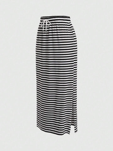 EZwear Women Fashion Striped Printed Slit Drawstring Lace Up Skirt