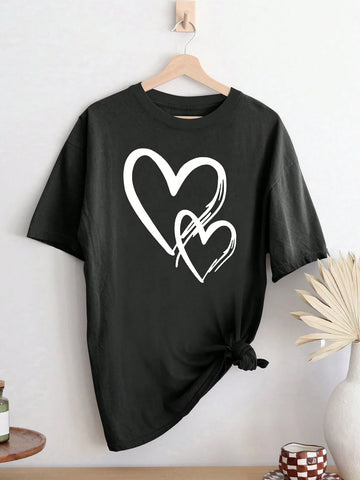 EZwear Women Heart Print Casual Short Sleeve T-Shirt For Spring And Summer