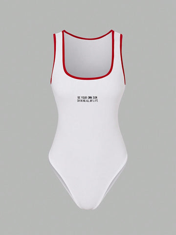 Women Holiday Beach Slogan Print Colorblock Trim Sleeveless Jumpsuit