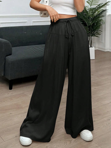 EZwear Women Spring/Summer Casual Solid Color Drawstring Wide Leg Pants