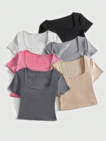 EZwear Women Summer 6-Piece Solid Color Square Neck Short Sleeve Casual T-Shirt