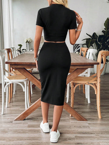 Women Summer Solid Color Short Sleeve Slim Fit T-Shirt And Waist Tied Split Hem Midi Skirt Casual Two Piece Set