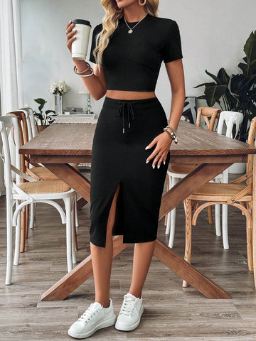 Women Summer Solid Color Short Sleeve Slim Fit T-Shirt And Waist Tied Split Hem Midi Skirt Casual Two Piece Set
