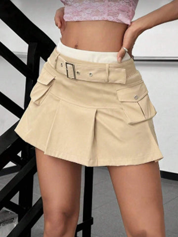 EZwear Women Y2K Khaki 3D Pocket Mini Skirt