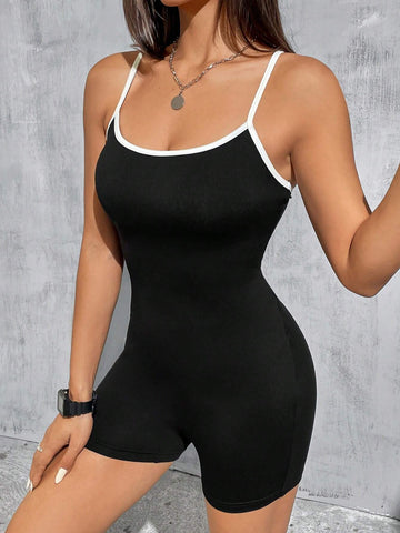 Women's Black Knitted Tight-Fitting Sporty Romper With Spaghetti Straps