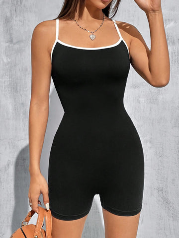 Women's Black Knitted Tight-Fitting Sporty Romper With Spaghetti Straps
