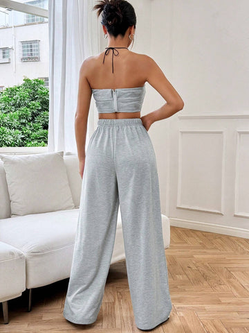 Women's Stylish Casual Fold-Over Bandeau Top And Wide Leg Pants Set