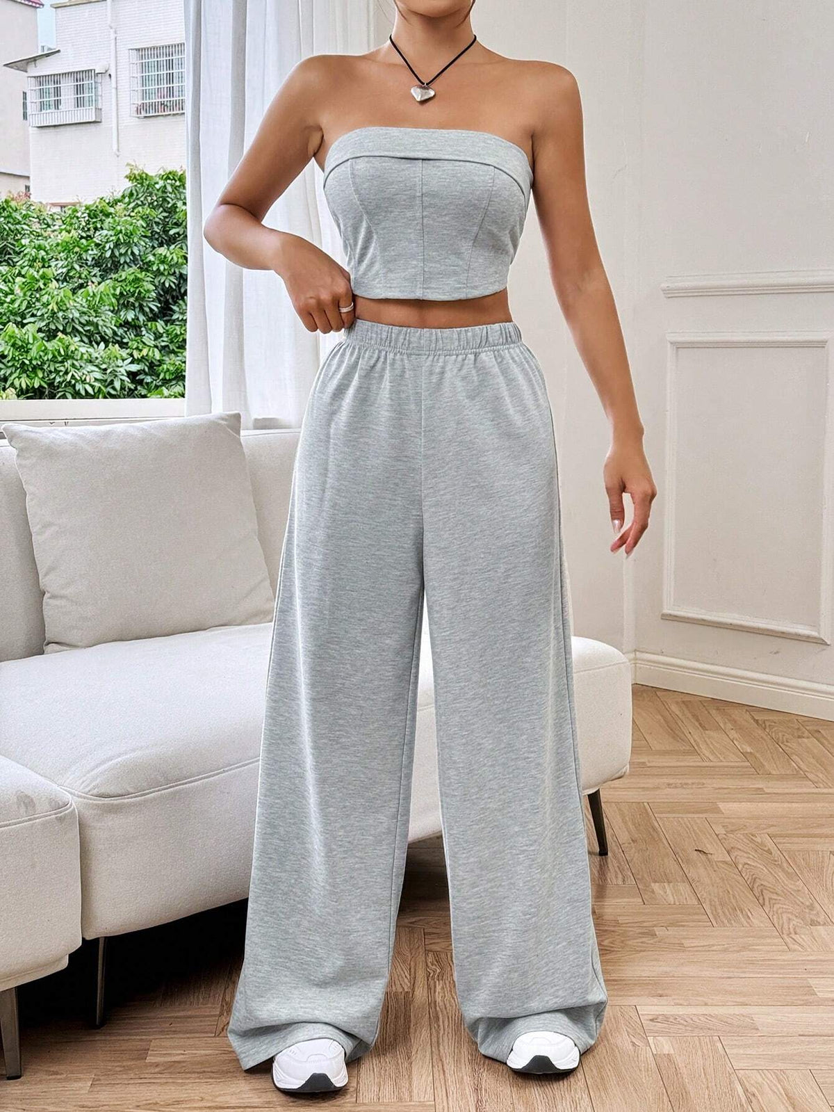 Women's Stylish Casual Fold-Over Bandeau Top And Wide Leg Pants Set