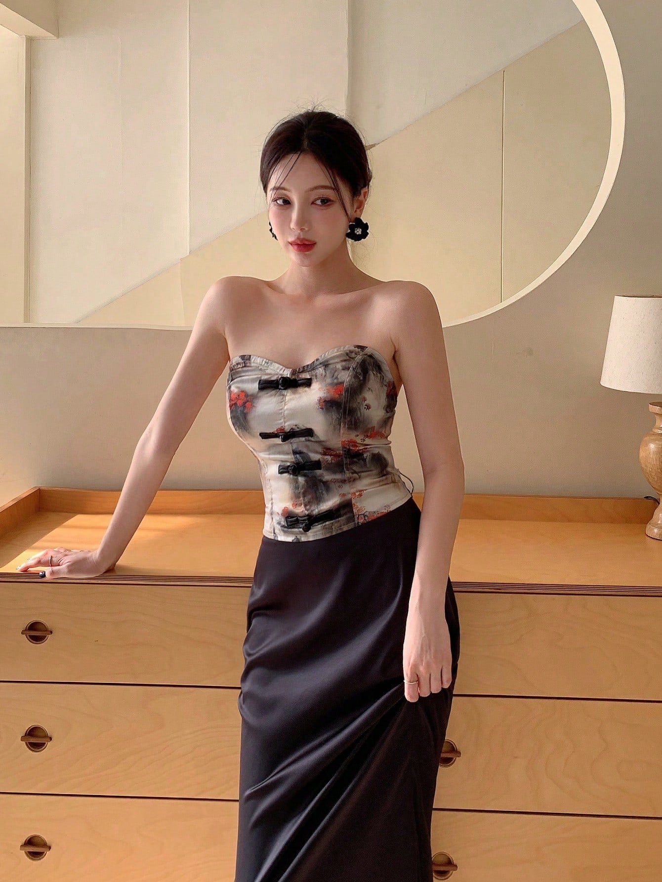 New Chinese Style Women'S Floral Printed Bandeau Top With Buckle