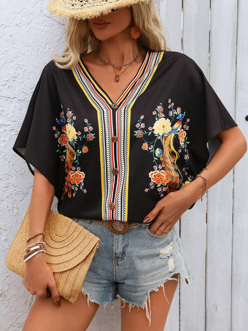 Essnce Floral Vacation Style V-Neck Batwing Sleeve Shirt For Summer