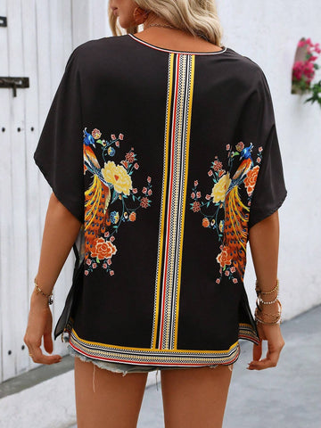 Essnce Floral Vacation Style V-Neck Batwing Sleeve Shirt For Summer