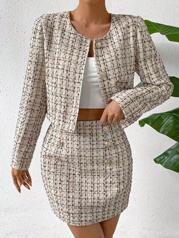 Plaid Pattern Button Front Jacket & Bodycon Skirt