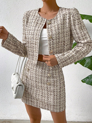 Plaid Pattern Button Front Jacket & Bodycon Skirt