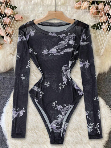 Sexy Chinese Dragon Print Sheer Mesh Bodysuit