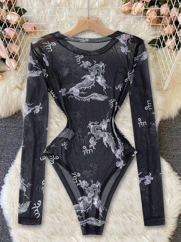 Sexy Chinese Dragon Print Sheer Mesh Bodysuit