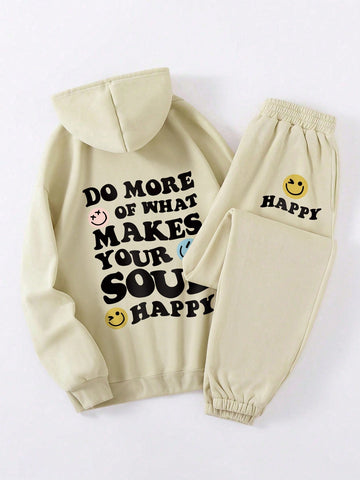 Slogan Printed Fleece Hoodie And Pants Set With Drawstring, Winter