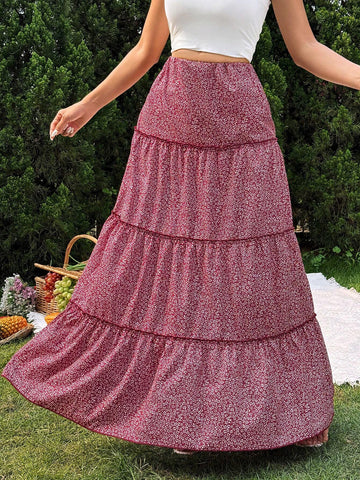 Essnce Spring/Summer Floral Print Layered Skirt Vacation Style Women Half Skirt