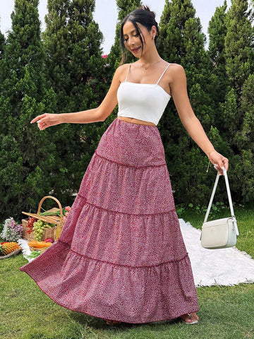 Essnce Spring/Summer Floral Print Layered Skirt Vacation Style Women Half Skirt