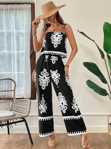 Summer Casual Holiday Printed Camisole And Wide-Leg Pants Two-Piece Set