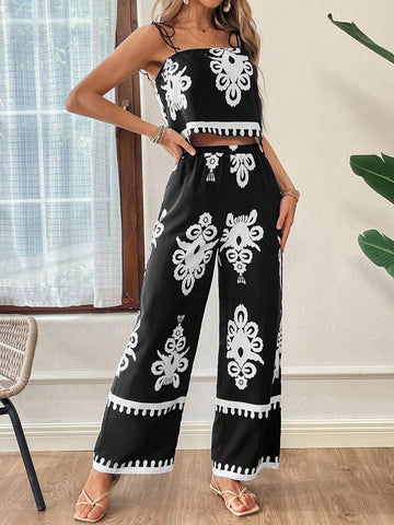 Summer Casual Holiday Printed Camisole And Wide-Leg Pants Two-Piece Set