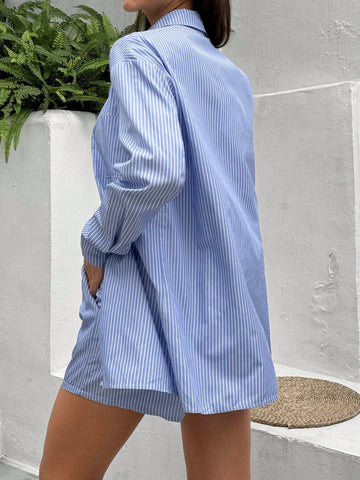Summer Vacation Blue & White Striped Long Sleeve Shirt With Front Buttons And Elastic Waist Shorts 2pcs Outfit