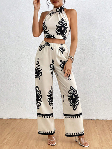 Vintage Print Halter Top And Straight-Leg Pants Set For Casual Holidays