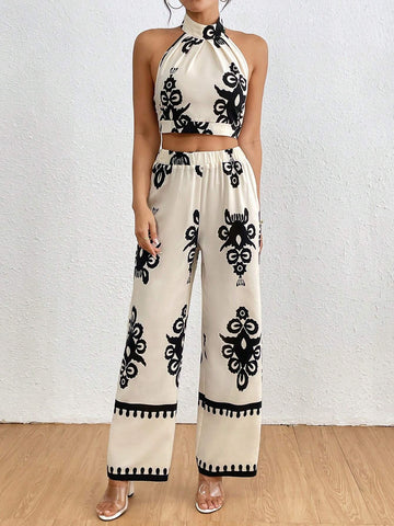 Vintage Print Halter Top And Straight-Leg Pants Set For Casual Holidays
