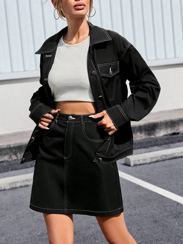 Women'S Drop Shoulder Long Sleeve Jacket And Skirt Set