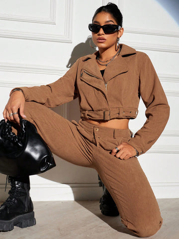 Women'S Notched Collar Belted Jacket And Pants Two Piece Set
