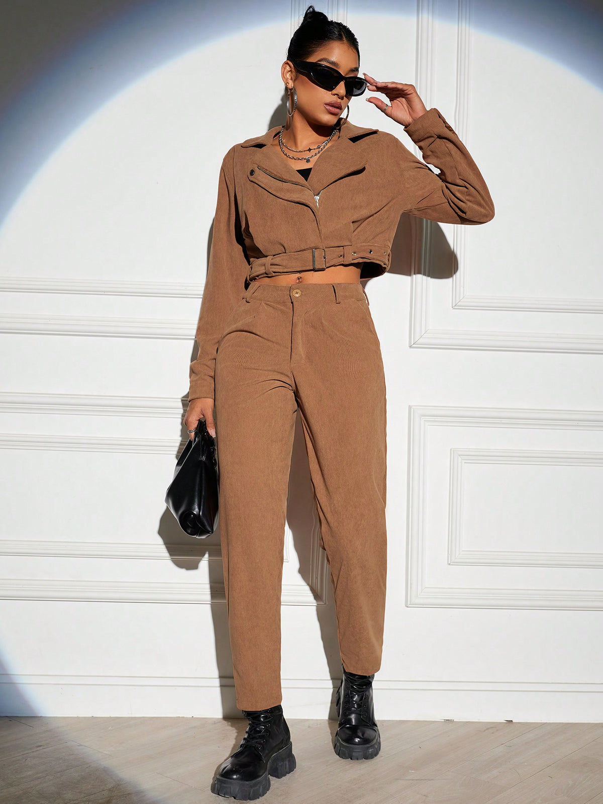 Women'S Notched Collar Belted Jacket And Pants Two Piece Set