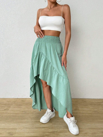 Essnce Women Ruffle High Low Hem Elastic Waist Asymmetrical Hem Long Skirt