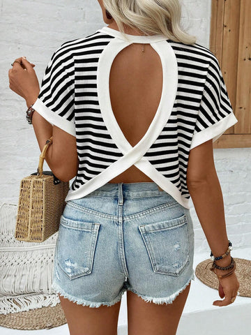 Essnce Women Summer Backless Round Neck Striped Batwing Sleeve T-Shirt