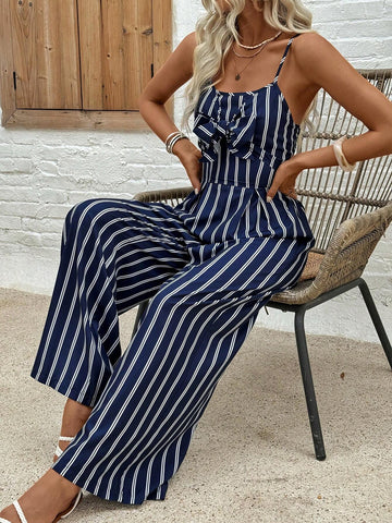 Women Summer Striped Wide-Leg Jumpsuit With Bow Decoration, Casual Straps And Vacation Wear