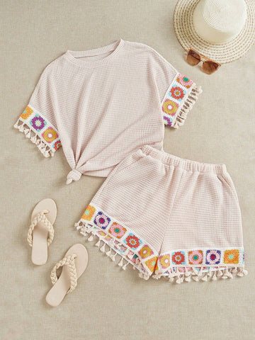 Women Tassel Detail Casual Vacation Top And Shorts Set