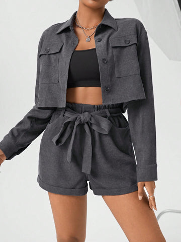 Women's Lapel Collar Workwear Jacket And Belted Shorts Set With Pockets