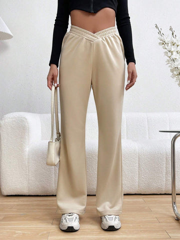Essnce Women's Solid Color Elastic Waist Wide Leg Pants