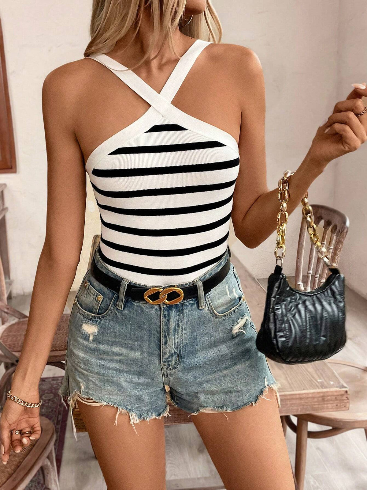 Casual Women\ Black And White Striped Jumpsuit