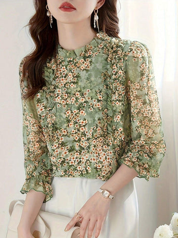 Frenchy Floral Print Frill Trimmed Long Sleeve Shirt