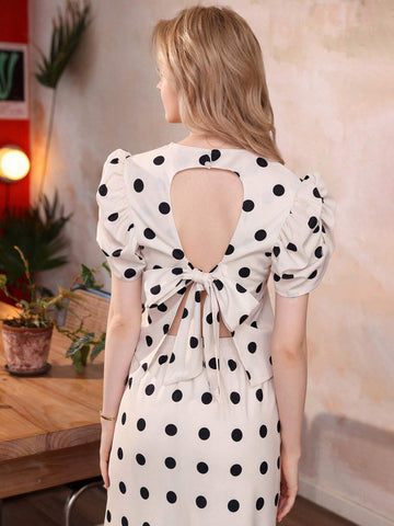 French Polka Dot Puff Sleeve Dress With Bow And Open-Back Design, Elegant For Female Teachers, Comes With Doll Collar And Long Skirt, 2pcs/Set