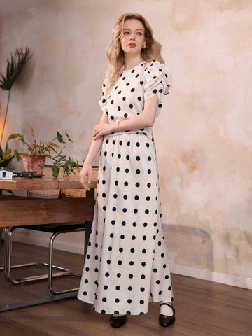 French Polka Dot Puff Sleeve Dress With Bow And Open-Back Design, Elegant For Female Teachers, Comes With Doll Collar And Long Skirt, 2pcs/Set