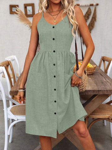 Holiday Casual Solid Color Front Button Double Pocket Cami Dress