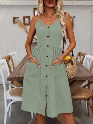 Holiday Casual Solid Color Front Button Double Pocket Cami Dress