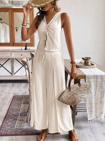 Linen Set,Homecoming Dresses,Graduation Outfit,Women Two Piece Sets,Summer Clothes,Holiday Leisure Pleated Sleeveless Top + Side-Slit Wide Leg Long Pants Set,Teacher Summer Fits
