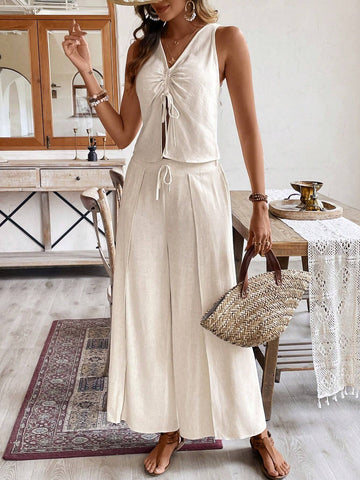 Linen Set,Homecoming Dresses,Graduation Outfit,Women Two Piece Sets,Summer Clothes,Holiday Leisure Pleated Sleeveless Top + Side-Slit Wide Leg Long Pants Set,Teacher Summer Fits