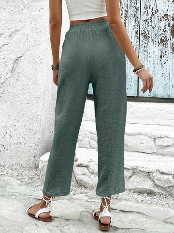 Frenchy Solid Drawstring Waist Cropped Pants