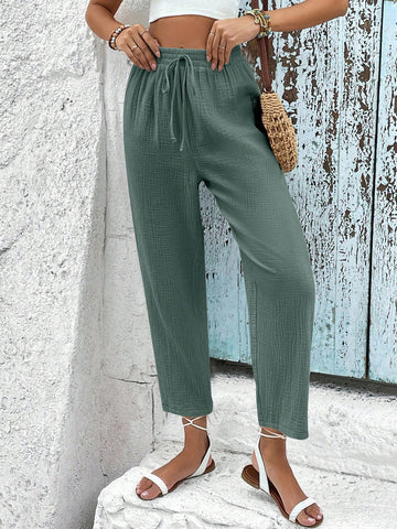 Frenchy Solid Drawstring Waist Cropped Pants
