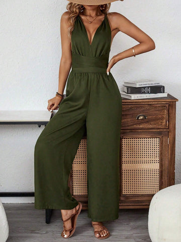 Spring/Summer Twist Front Cami Jumpsuit With Crisscross Open Back And Tie Waist